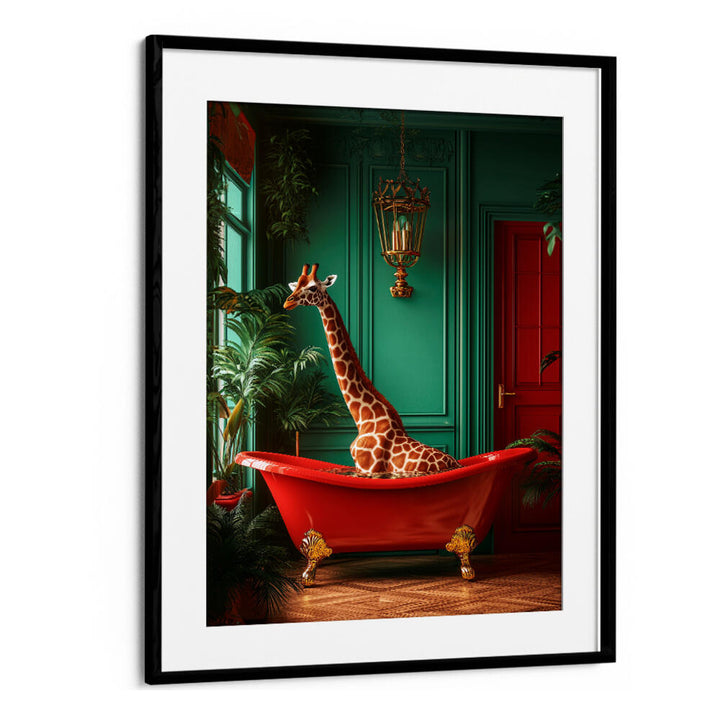GIRAFFE IN THE BATHTUB TROPICAL ANIMALS , BATHROOM ART PRINTS