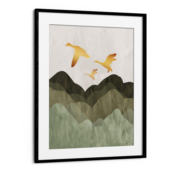 Golden birds flying over serene mountains in beautiful landscape paintings, perfect for enhancing any space.
