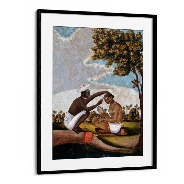 HINDU BARBER SHAVING A MAN'S HEAD