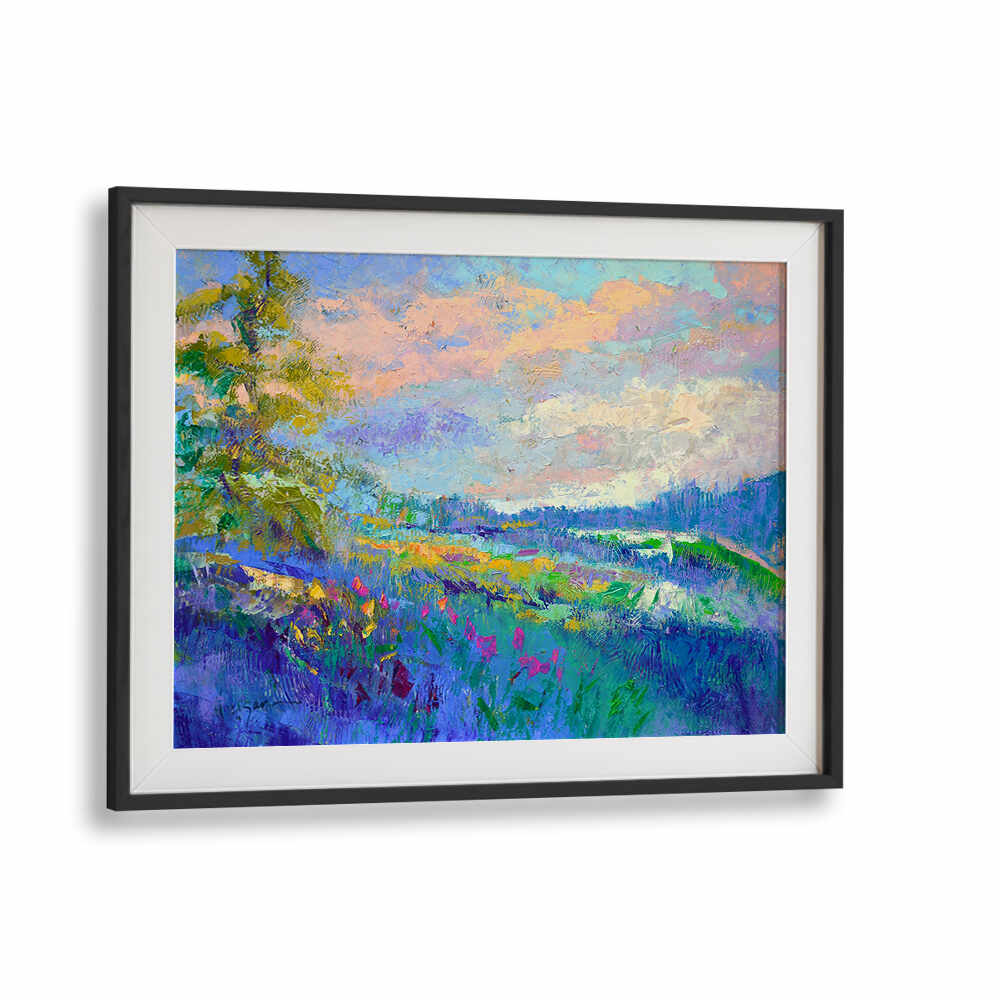 Blackmount framed IMPRESSIONIST , LANDSCAPE PAINTINGS: pastel sky over vibrant meadow with wildflowers and brushstrokes