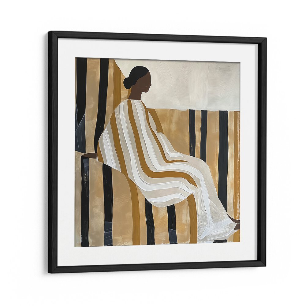 Elegant artwork featuring a LADY IN STRIPES, PORTRAITS enhances your space with stylish figurative illustrations.