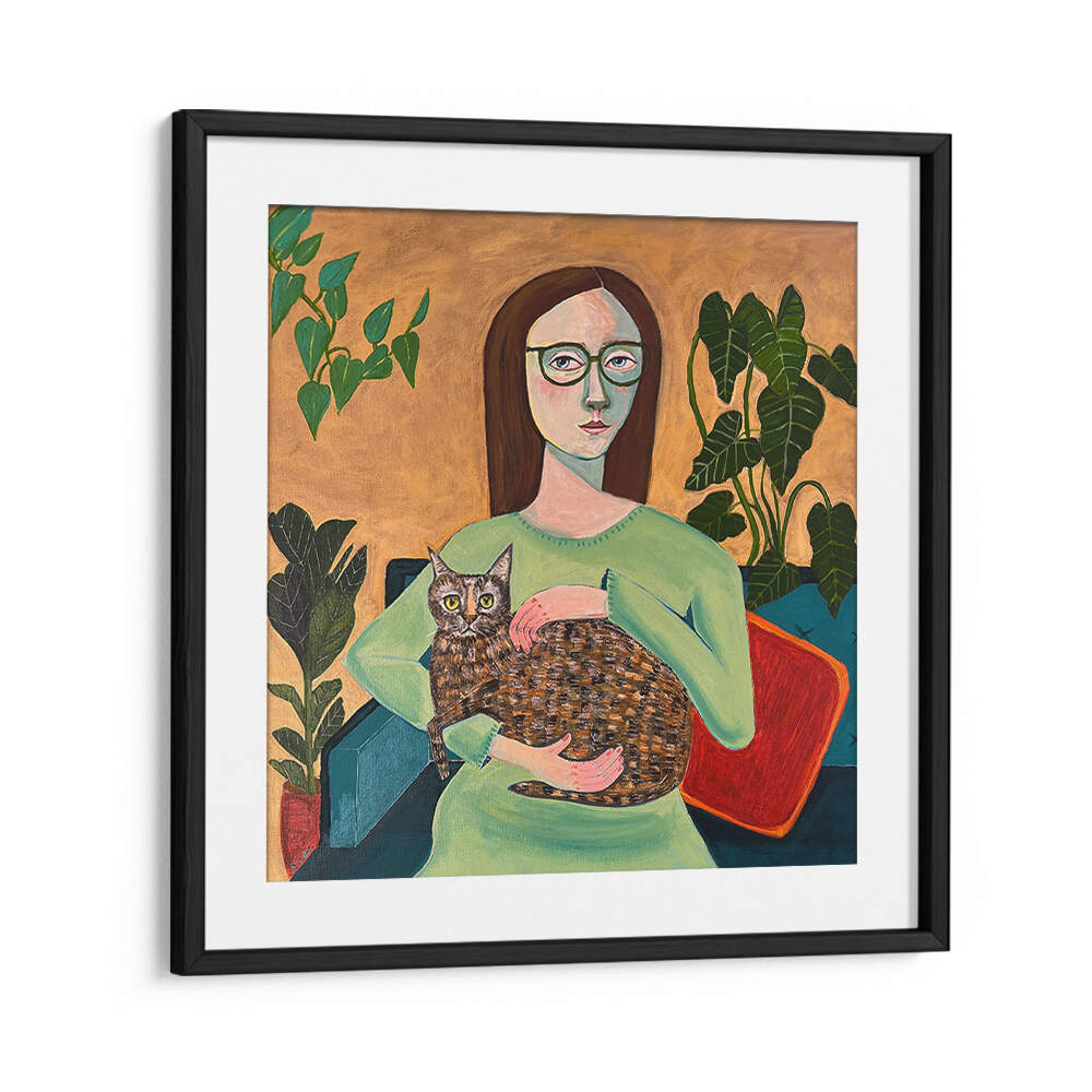 LADY WITH HER CAT IN LOUNGEROOM , PORTRAITS & FIGURATIVE ILLUSTRATIONS
