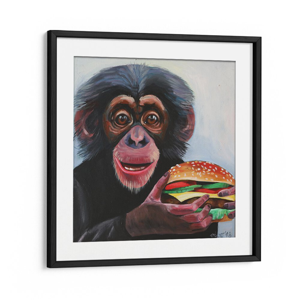 Vibrant MONKEY HOLDING A HAMBURGER, COMIC POSTERS adds whimsical charm to your comic book decor. Perfect for any space!