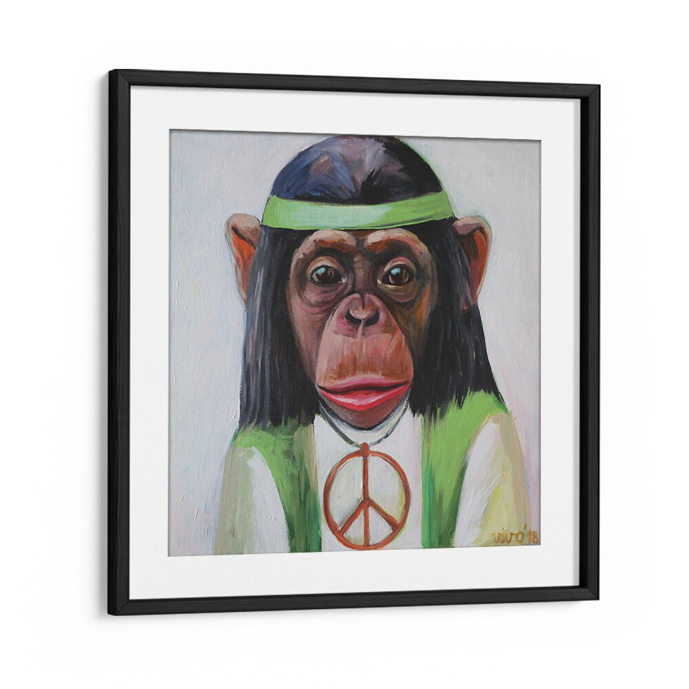 Vibrant PEACEFUL PRIMATE VIBE, COMIC POSTERS featuring a playful monkey in a peace-themed design for stylish decor.