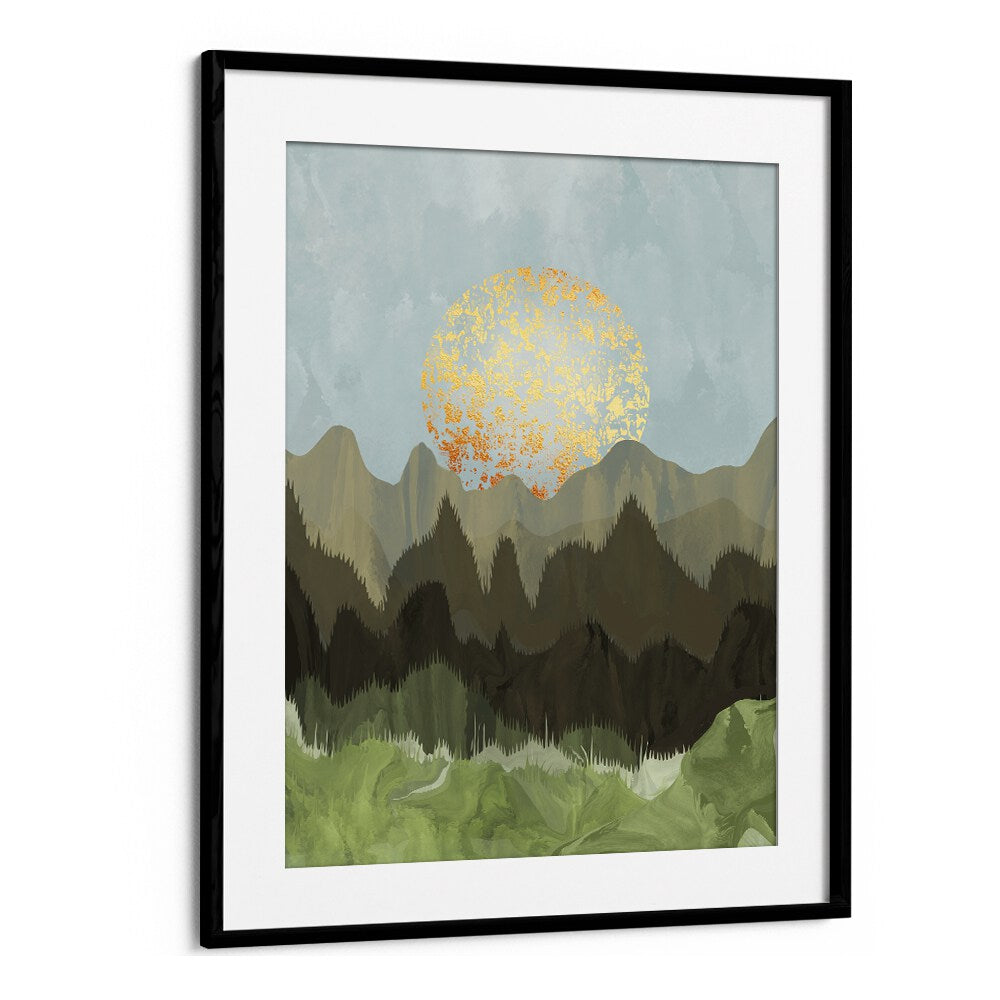 Stylish MOUNTAIN VIEW, LANDSCAPE PAINTINGS featuring serene mountains and a golden sun, perfect for nature lovers.