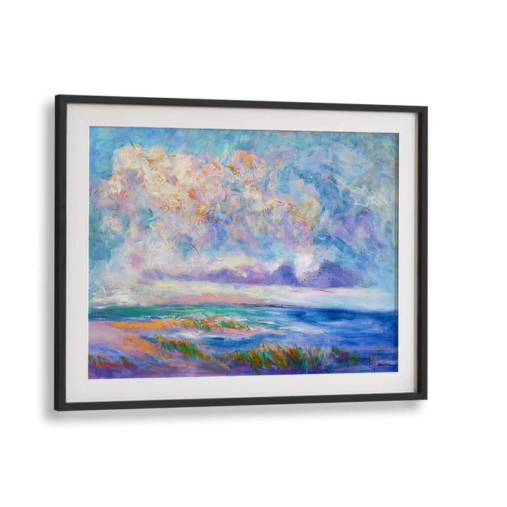 Blackmount framed coastal scene with pastel clouds and shoreline — NATURE INSPIRED , LANDSCAPE PAINTINGS