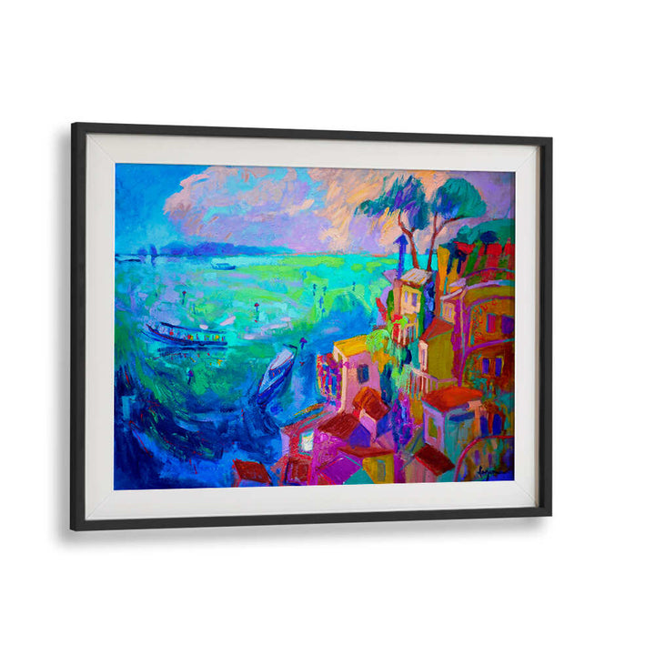 Blackmount NATURE INSPIRED LANDSCAPE II , LANDSCAPE PAINTINGS vibrant framed coastal landscape with boats, colorful village and sea