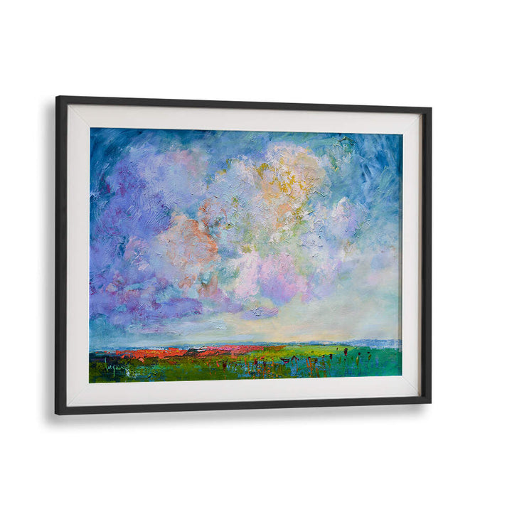 Blackmount framed artwork NATURE’S BEAUTY , LANDSCAPE PAINTINGS — pastel sky and misty clouds above a green meadow