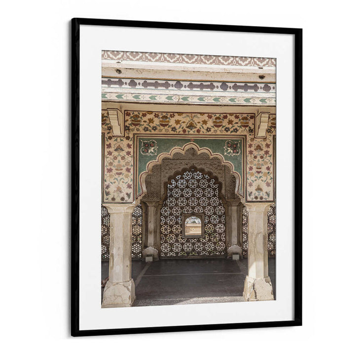 ORNATE ARCHWAY , INDIAN ART PAINTINGS framed print by Blackmount showing carved lattice arch and floral frescoes