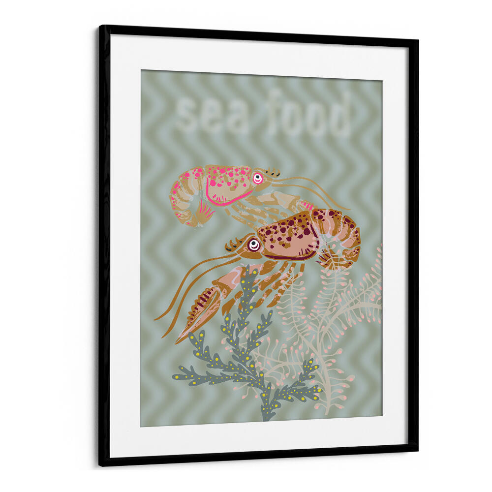 Colorful SEA FOOD V, BEACH PAINTINGS featuring vibrant crustaceans, perfect for coastal decor. Ideal for beach houses.