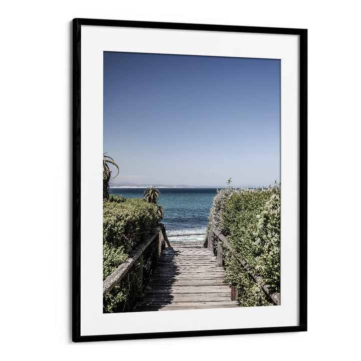 SEASIDE TRANQUILITY , BEACH PAINTINGS Blackmount framed print of wooden boardwalk leading to turquoise sea and clear sky