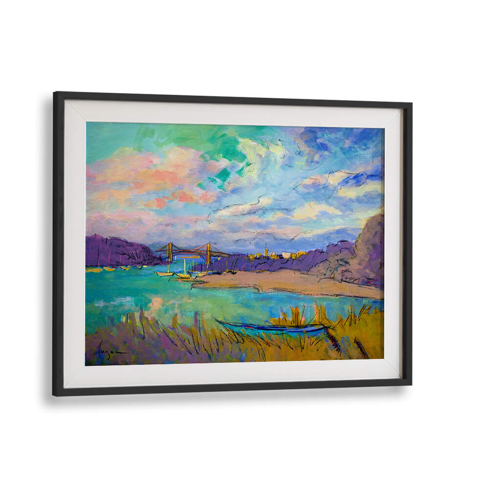 BLACKMOUNT SERENE RIVER SKIES , LANDSCAPE PAINTINGS: framed river vista with bridge, boat, marsh under pastel skies