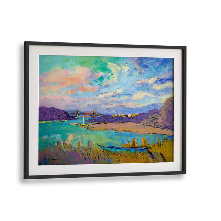 BLACKMOUNT SERENE RIVER SKIES , LANDSCAPE PAINTINGS: framed river vista with bridge, boat, marsh under pastel skies