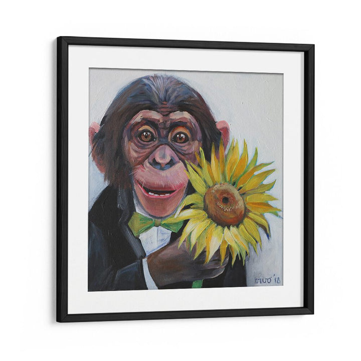 Vibrant SUNFLOWER SURPRISE, COMIC POSTERS artwork featuring a monkey with a sunflower, perfect for comic lovers.