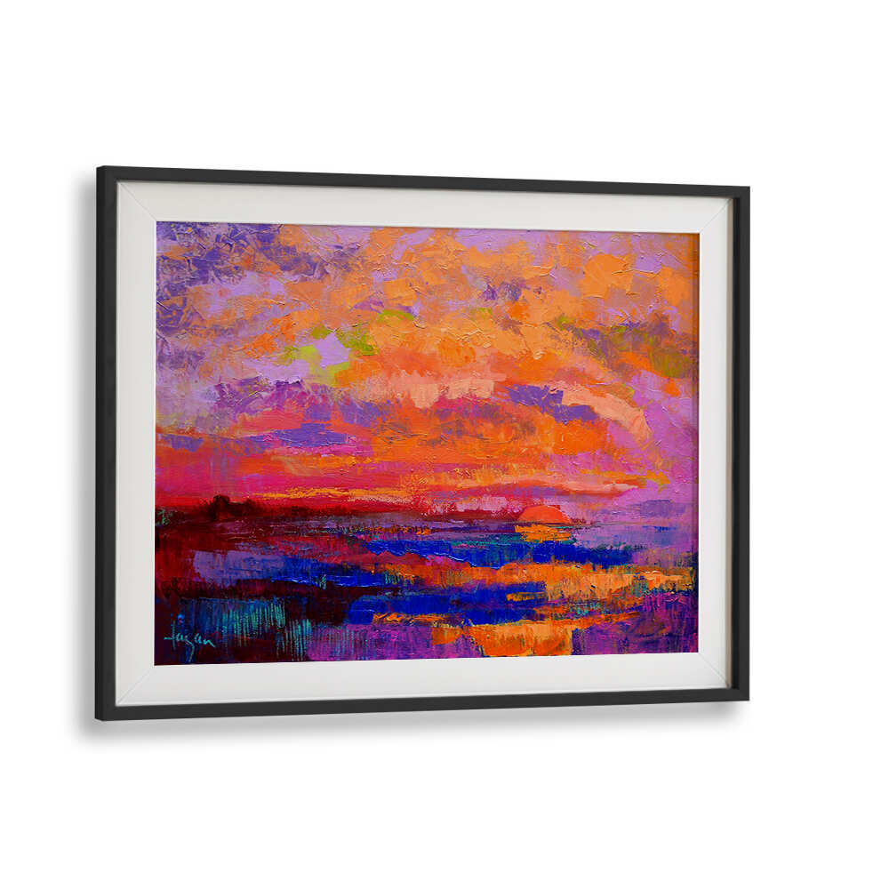 Blackmount framed SUNSET HUES , LANDSCAPE PAINTINGS with vibrant orange, purple textured dusk over coastal marsh