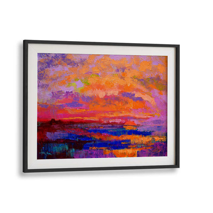 Blackmount framed SUNSET HUES , LANDSCAPE PAINTINGS with vibrant orange, purple textured dusk over coastal marsh