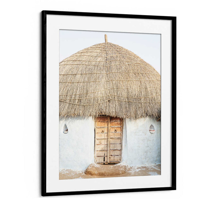 Blackmount framed print of a rustic thatched hut with wooden door, THATCHED HAVEN , INDIAN ART PAINTINGS