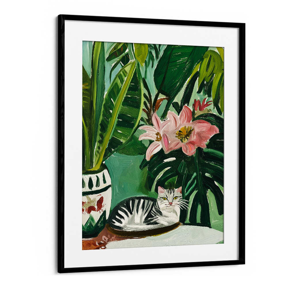 TROPICAL MUSE WITH CAT , FLORAL FLOWER PAINTINGS