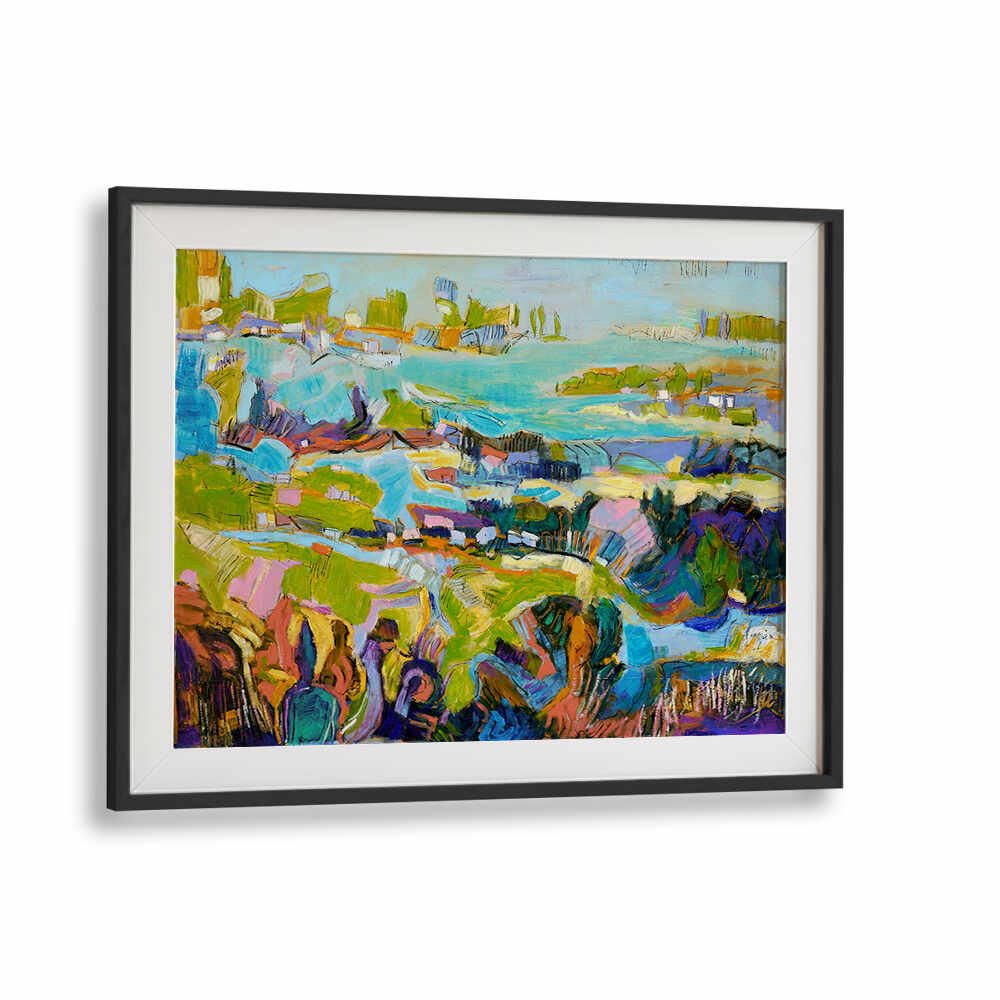 VIBRANT LANDSCAPE , LANDSCAPE PAINTINGS framed abstract coastal scene with bold colorful brushstrokes and rolling hills