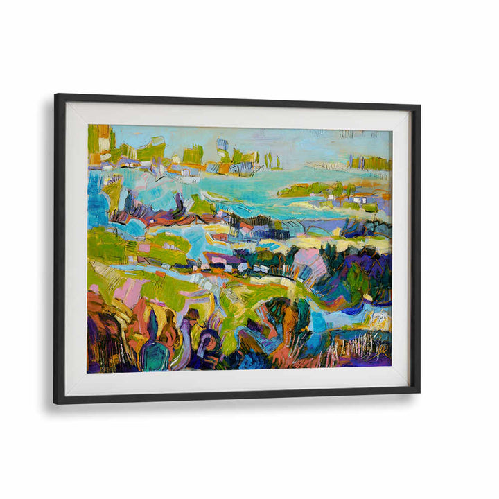 VIBRANT LANDSCAPE , LANDSCAPE PAINTINGS framed abstract coastal scene with bold colorful brushstrokes and rolling hills