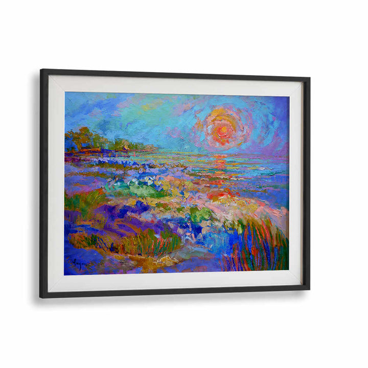 Framed colorful sunrise seascape with glowing horizons, VIVID HORIZON GLOW , LANDSCAPE PAINTINGS by BlackMount