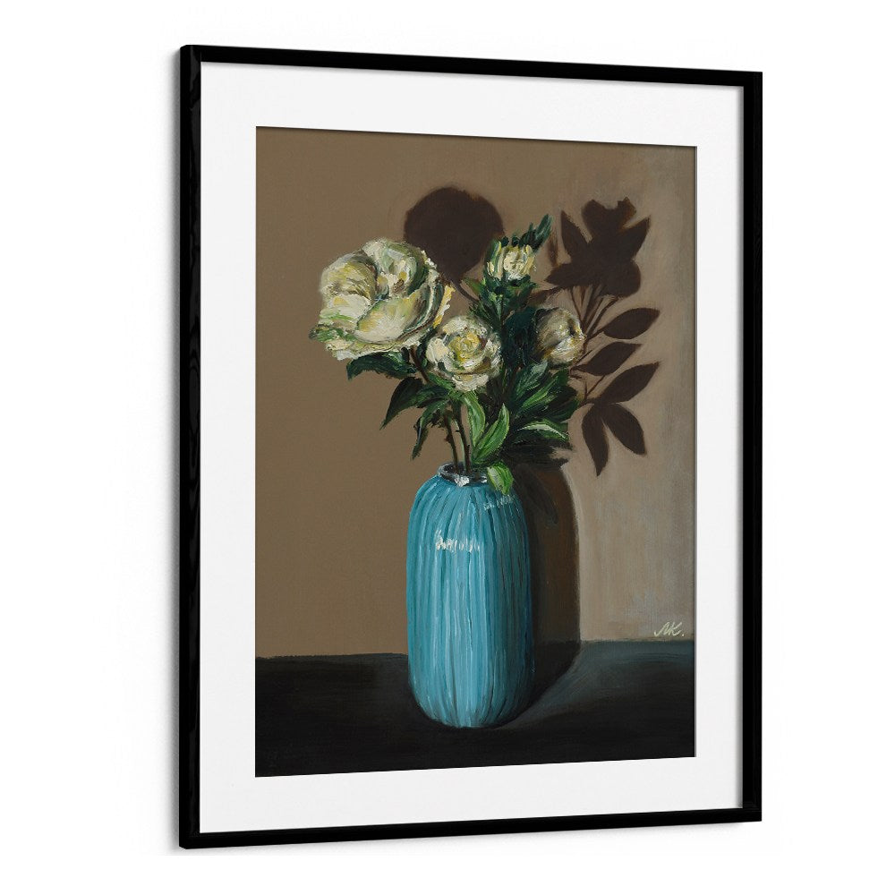 WHITE PEONIES IN BLUE VASE