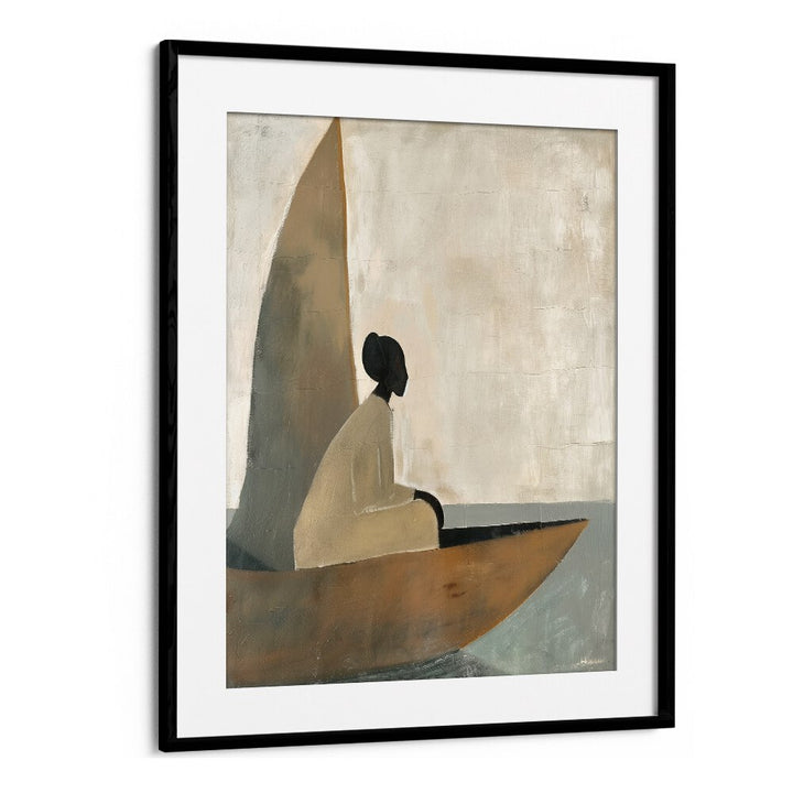 Elegant WOMAN ON BOAT, PORTRAITS artwork featuring a serene figure in a sailboat, perfect for any art lover's collection.