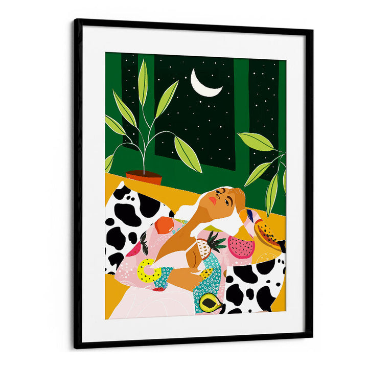 WOMAN RELAXING UNDER A CRESCENT MOON , FASHION POSTERS