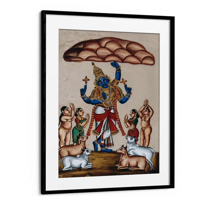 KRISHNA LIFTING MOUNT GOVARDHAN , INDIAN ART PAINTINGS