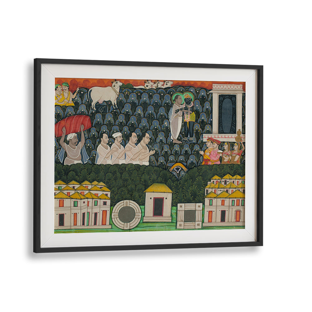 PRATHAM MILAN SHRINATHJI REVEALING HIMSELF TO VALABHACHARYA ON MOUNT GOVARDHAN  SACRED ENCOUNTER ON MOUNT GOVARDHAN , INDIAN ART PAINTINGS