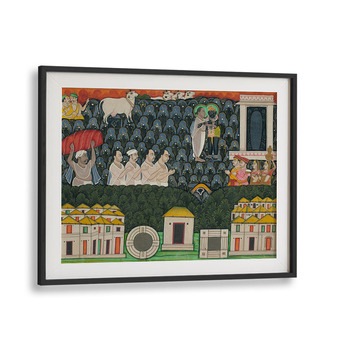 PRATHAM MILAN SHRINATHJI REVEALING HIMSELF TO VALABHACHARYA ON MOUNT GOVARDHAN  SACRED ENCOUNTER ON MOUNT GOVARDHAN , INDIAN ART PAINTINGS