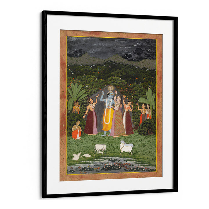 KRISHNA AND THE GOPIS TAKE SHELTER FROM THE RAIN , INDIAN ART PAINTINGS