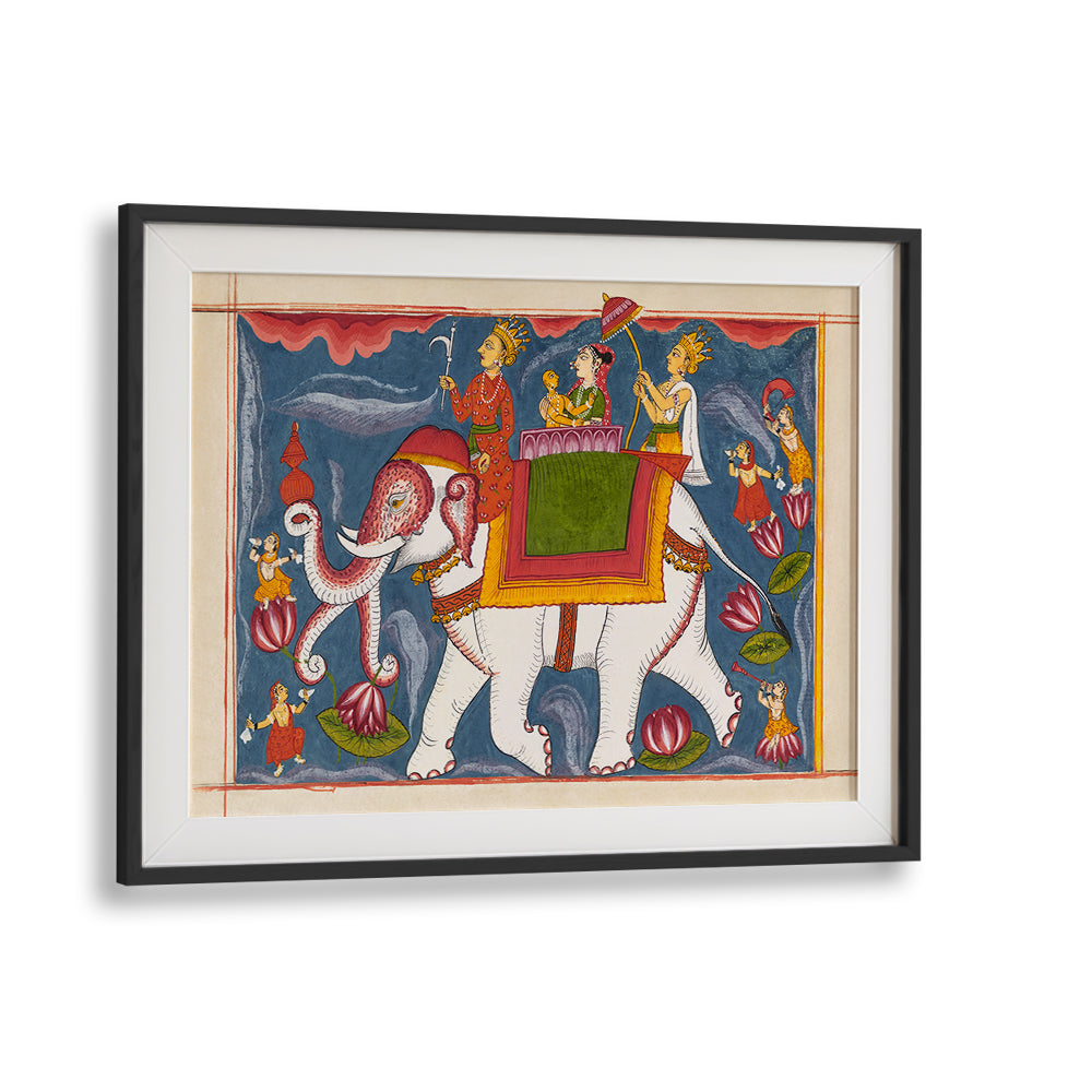 INDRA CONVEYING JINA RISHABHANATHA ON AIRAVATA , INDIAN ART PAINTINGS