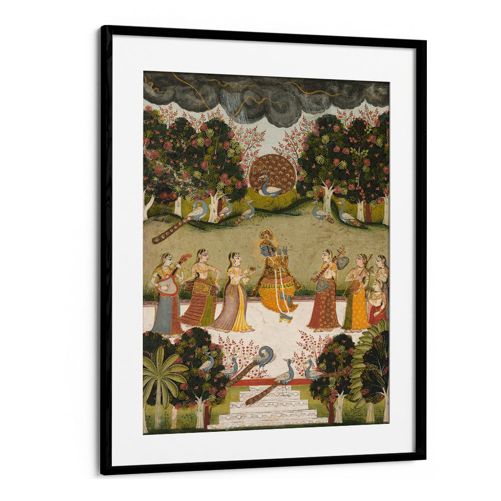 KRISHNA PLAYING THE FLUTE TO SEVEN GOPIS HOLDING MUSICAL INSTRUMENTS , INDIAN ART PAINTINGS