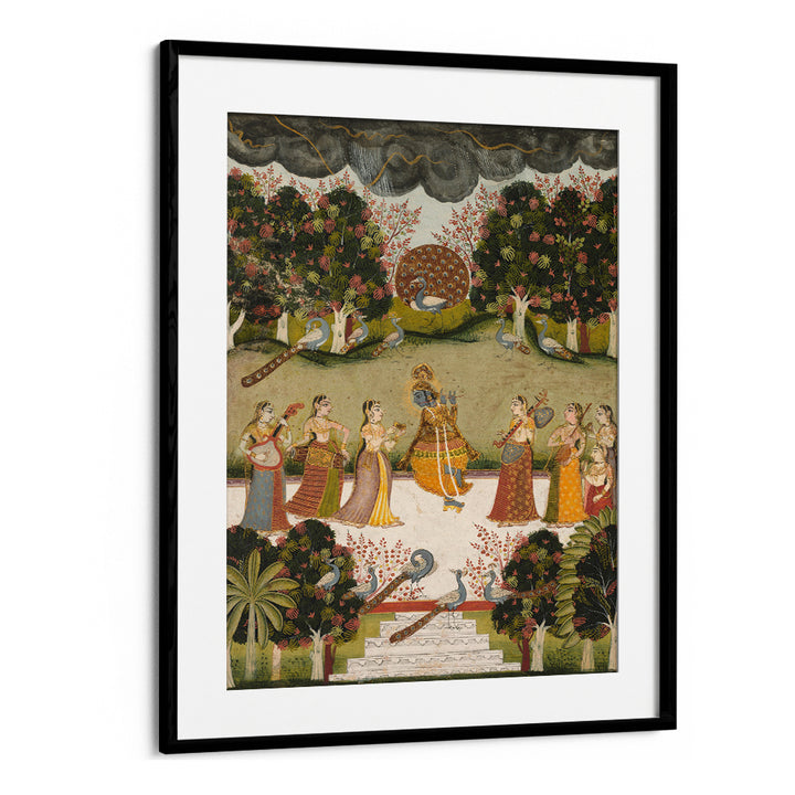 KRISHNA PLAYING THE FLUTE TO SEVEN GOPIS HOLDING MUSICAL INSTRUMENTS , INDIAN ART PAINTINGS