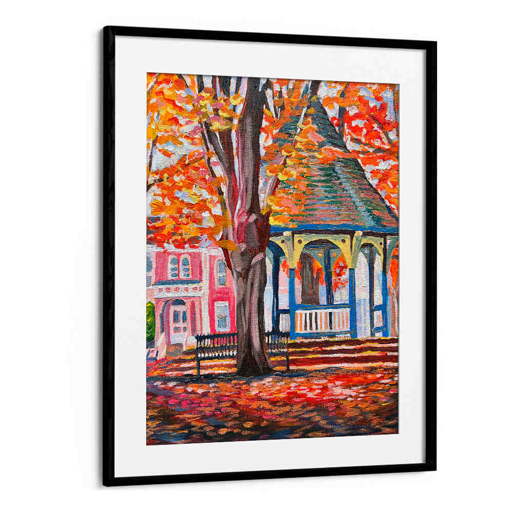 CORN HILL , LANDSCAPE PAINTINGS — Blackmount Gallery autumn gazebo and bench framed artwork with vibrant fall foliage
