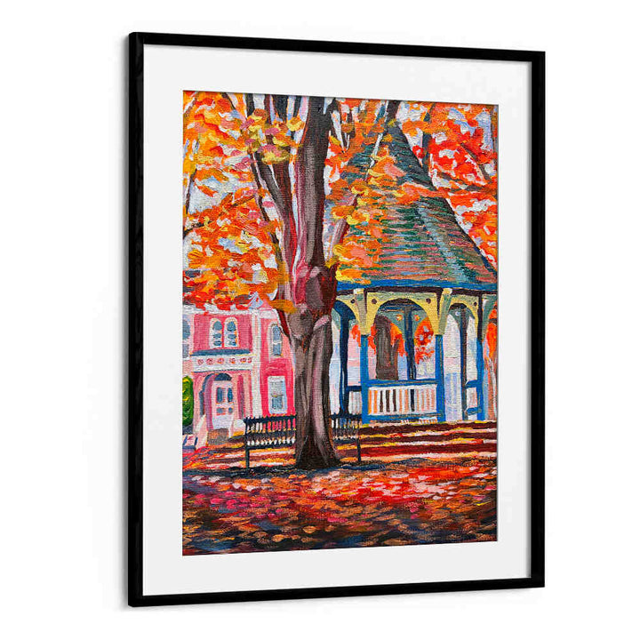 CORN HILL , LANDSCAPE PAINTINGS — Blackmount Gallery autumn gazebo and bench framed artwork with vibrant fall foliage