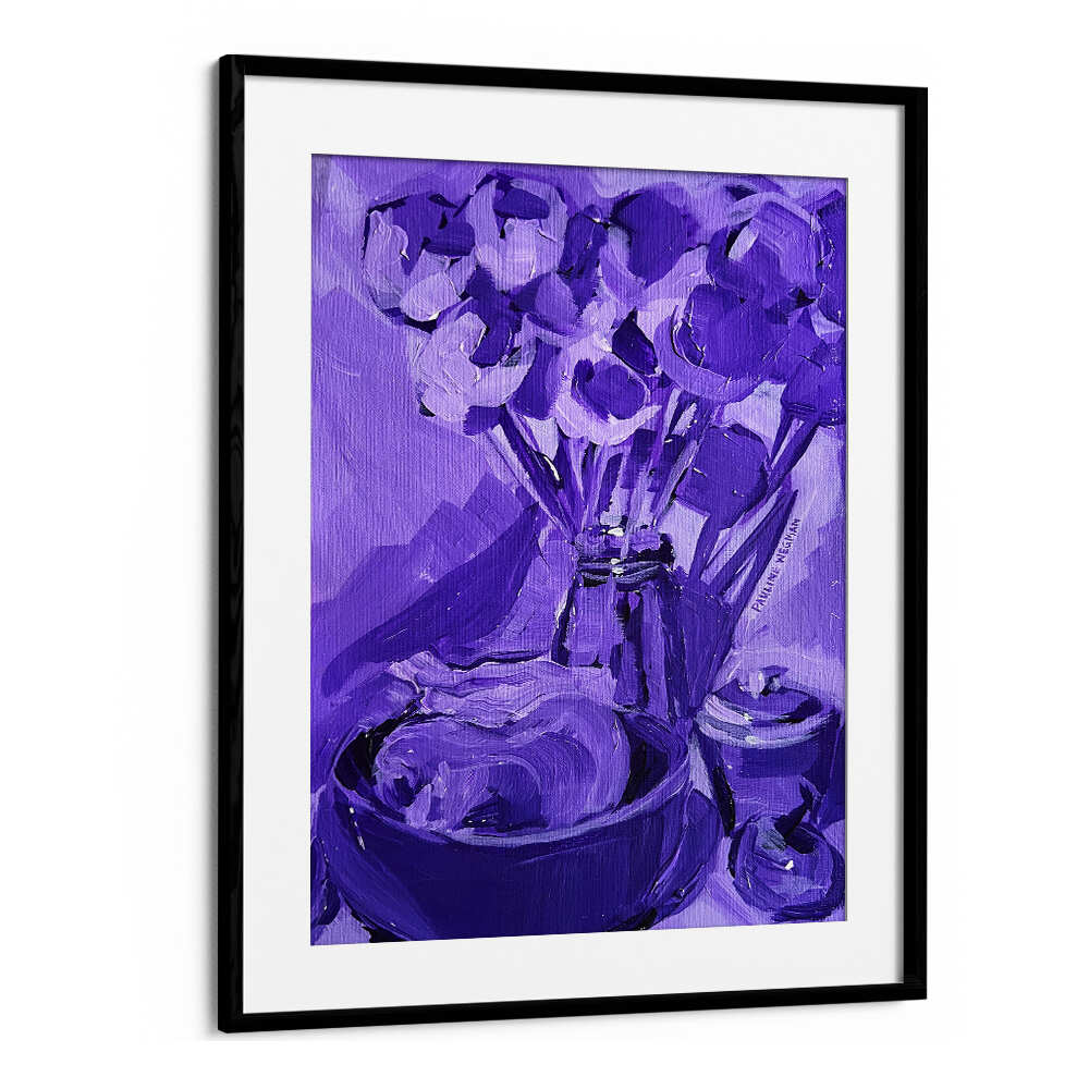 Blackmount framed PURPLE VALUE STUDY , KITCHEN POSTERS featuring minimalist purple still-life bouquet and bowl for modern kitchens