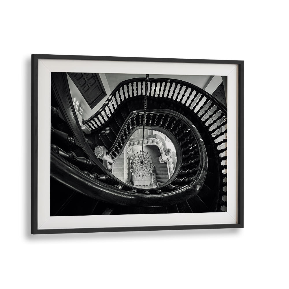 CHANDELIER AND STAIRS B&W , PHOTOGRAPHY PRINTS