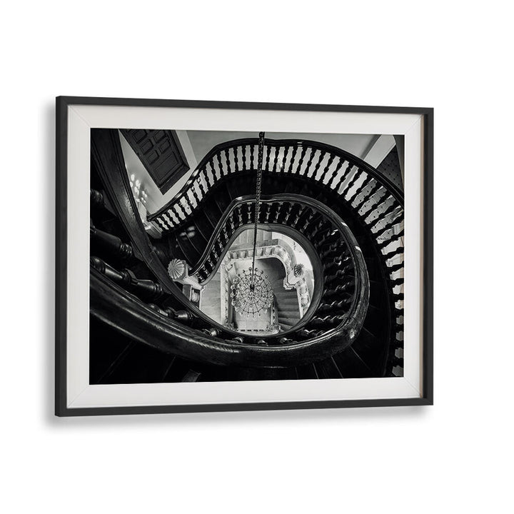 CHANDELIER AND STAIRS B&W , PHOTOGRAPHY PRINTS