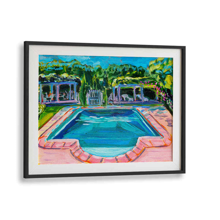 POOL AT THE CHÂTEAU , LANDSCAPE PAINTINGS by Blackmount — sunlit framed landscape painting of a chateau pool and gardens