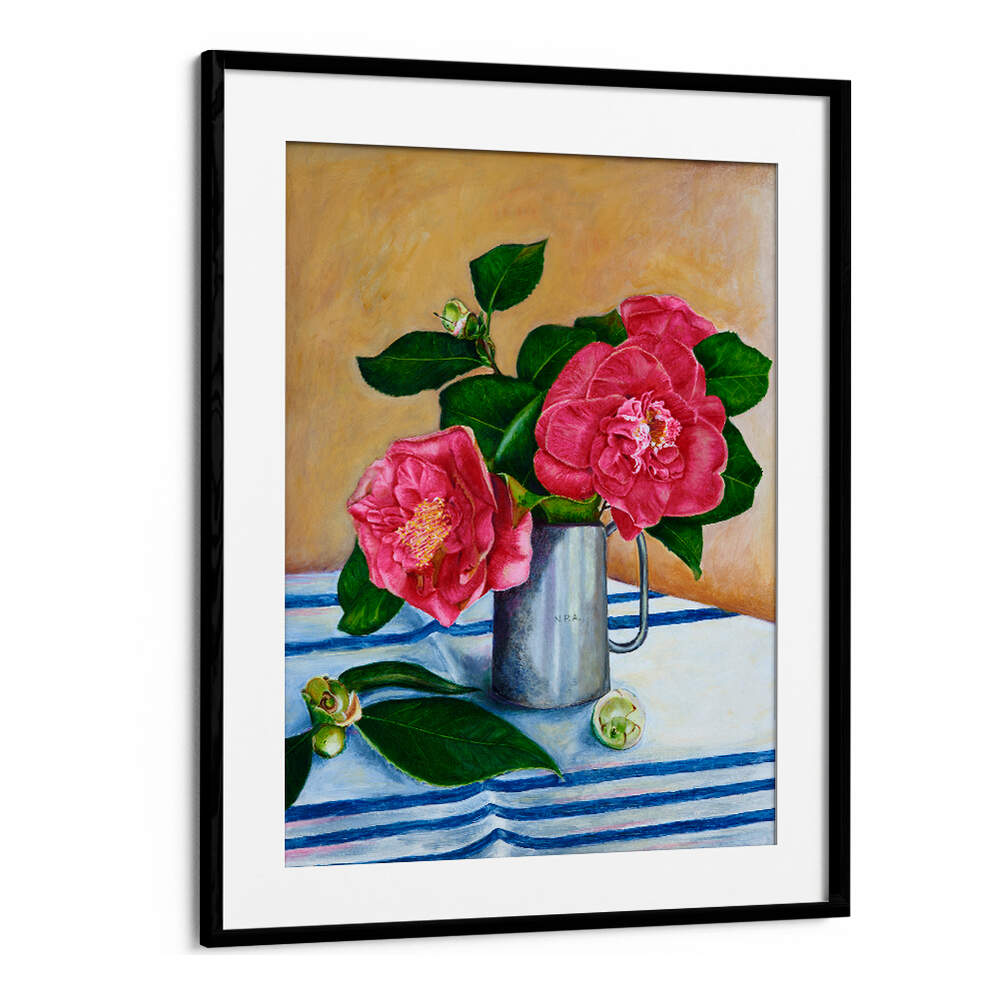 Vibrant Camelia floral flower paintings in a silver vase, perfect for elevating your space with nature's beauty.