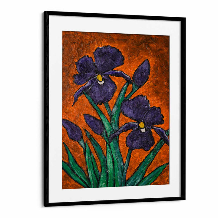 Vibrant IRISES III, FLORAL FLOWER PAINTINGS, showcasing rich purples and greens against a striking orange background.
