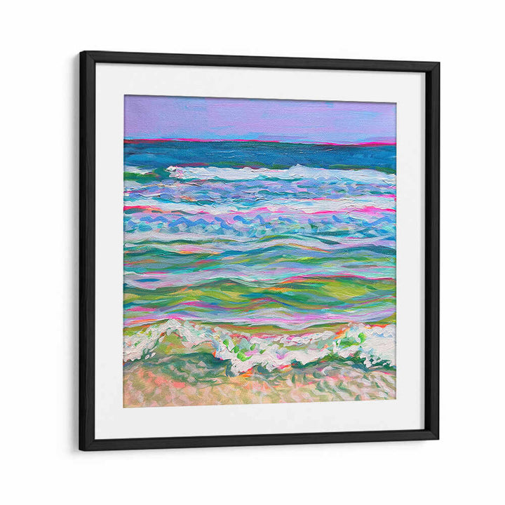 PINK SEAS , BEACH PAINTINGS by Blackmount — framed pastel coastal canvas with pink, coral, turquoise waves at sunrise