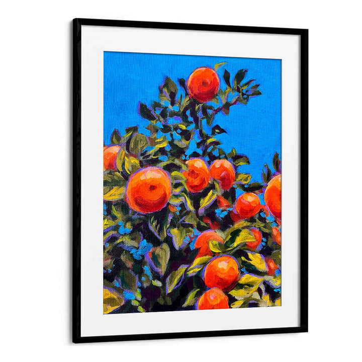 Blackmount framed SEVILLE ORANGES , KITCHEN POSTERS vivid painted oranges on leafy branches against bright blue sky