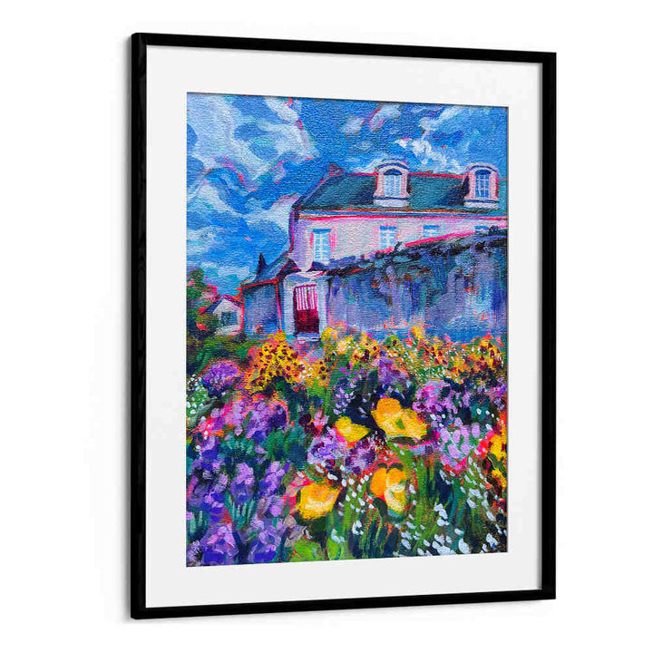 BlackMount framed floral cottage scene with vibrant blooms and blue sky FLEURS , LANDSCAPE PAINTINGS