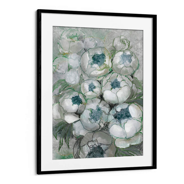 NURIA BOUQUET OF PEONIES IN TEAL AND GREEN , FLORAL FLOWER PAINTINGS