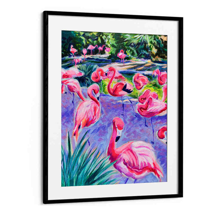 FLAMBOYANCE , ANIMAL PAINTINGS framed flamingo acrylic artwork with vivid pinks and textured brushwork by Blackmount
