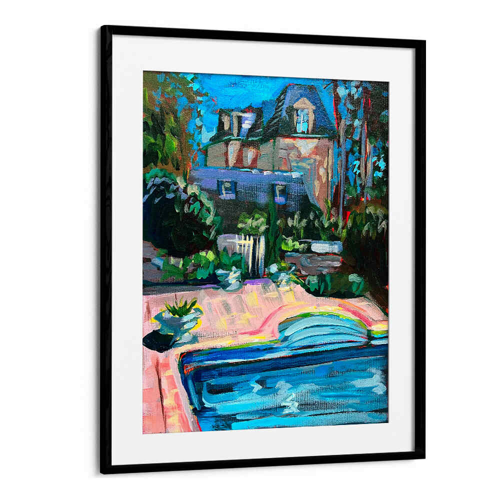 CHÂTEAU DE LA VIGNE , LANDSCAPE PAINTINGS by BlackMount showing sunlit vineyard, rolling hills and chateau beside a pool