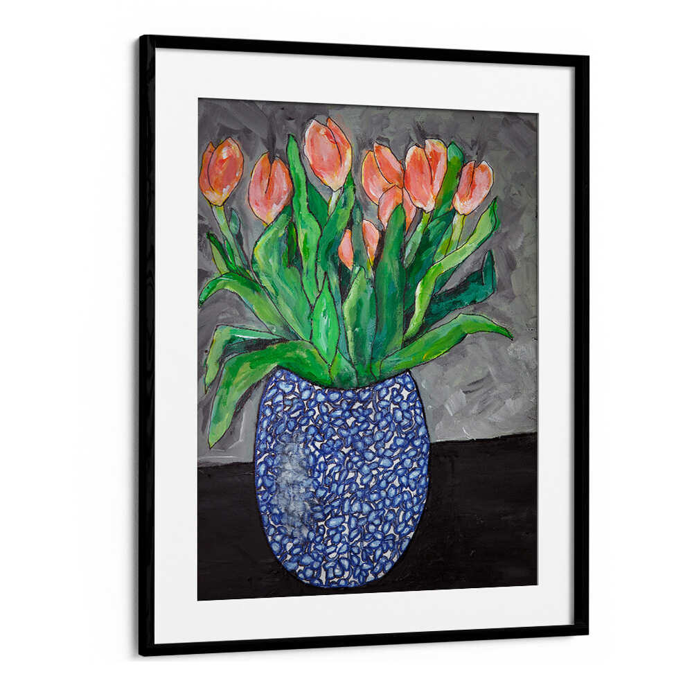 Vibrant tulips in a blue vase create a stunning focal point in TULIPS IN BLUE VASE I, FLORAL FLOWER PAINTINGS.